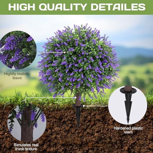 Jasmpig Artificial Lavender Topiary Ball Tree 25" with Ground Spike, Set of 2 Artificial Boxwood Bushes for Faux Shrubs, Fake Evergreen Faux Plant for Indoor Outdoor Porch Garden -UV Resistant–Fade-Proof - Image 3