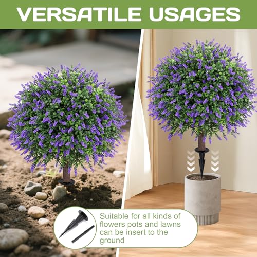 Jasmpig Artificial Lavender Topiary Ball Tree 25" with Ground Spike, Set of 2 Artificial Boxwood Bushes for Faux Shrubs, Fake Evergreen Faux Plant for Indoor Outdoor Porch Garden -UV Resistant–Fade-Proof - Image 4