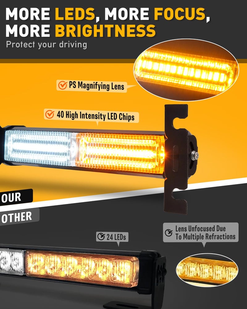 HLauto 1002L Emergency Strobe Traffic Advisor Light Bar: 40 LED Dash Safety Warning Flashing Light, Front/Rear Windshield Visor for Construction Vehicle, Tow/Plow Truck (2x10.7inch, Amber White) - Image 2