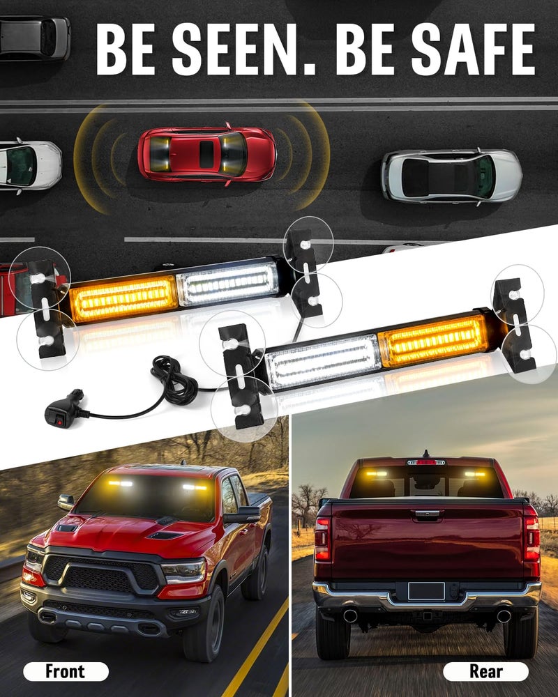 HLauto 1002L Emergency Strobe Traffic Advisor Light Bar: 40 LED Dash Safety Warning Flashing Light, Front/Rear Windshield Visor for Construction Vehicle, Tow/Plow Truck (2x10.7inch, Amber White) - Image 3