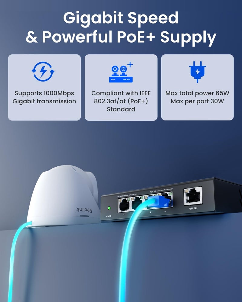 reolink مفتاح PoE بسرعة عالية وثبات 4+1 منفذ للاستخدام المنزلي والتجاري، متوافق مع كاميرا REOLINK الأمنية/NVR، هيكل معدني، تركيب على الحائط/المكتب، RLA-PS1E - Image 2