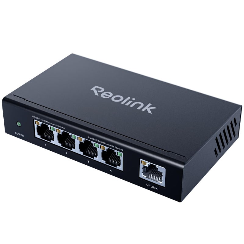 reolink مفتاح PoE بسرعة عالية وثبات 4+1 منفذ للاستخدام المنزلي والتجاري، متوافق مع كاميرا REOLINK الأمنية/NVR، هيكل معدني، تركيب على الحائط/المكتب، RLA-PS1E - Image 1