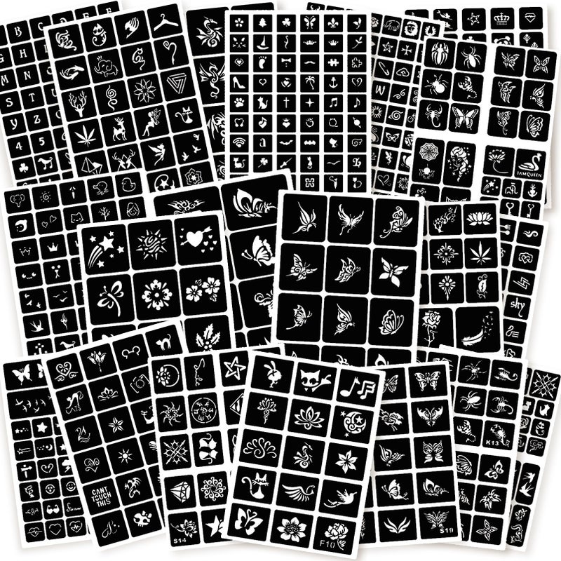 ChurlChurl 575pcs Temporary Tattoo Stencils, 20 Sheets Henna Tattoo Stencil Kit for Women Man Face Body Paint DIY Art Reusable Glitter Tattoo Stencils Pack - Image 1