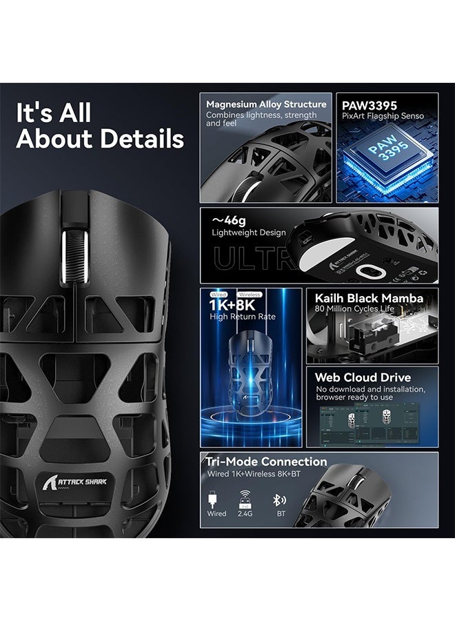 Attack Shark R3 Wireless Gaming Mouse,Mouse Wireless Gaming,PAW3395 26K DPI 8KHz Polling Rate,Magnesium Alloy 46g Ultralight, Programmable Tri-Mode BT/2.4G/Wired for PC/Laptop/Mac (Black) - Image 5