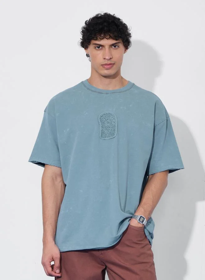The Souled Store Men Blue Vintage Wash Oversized T-Shirt
