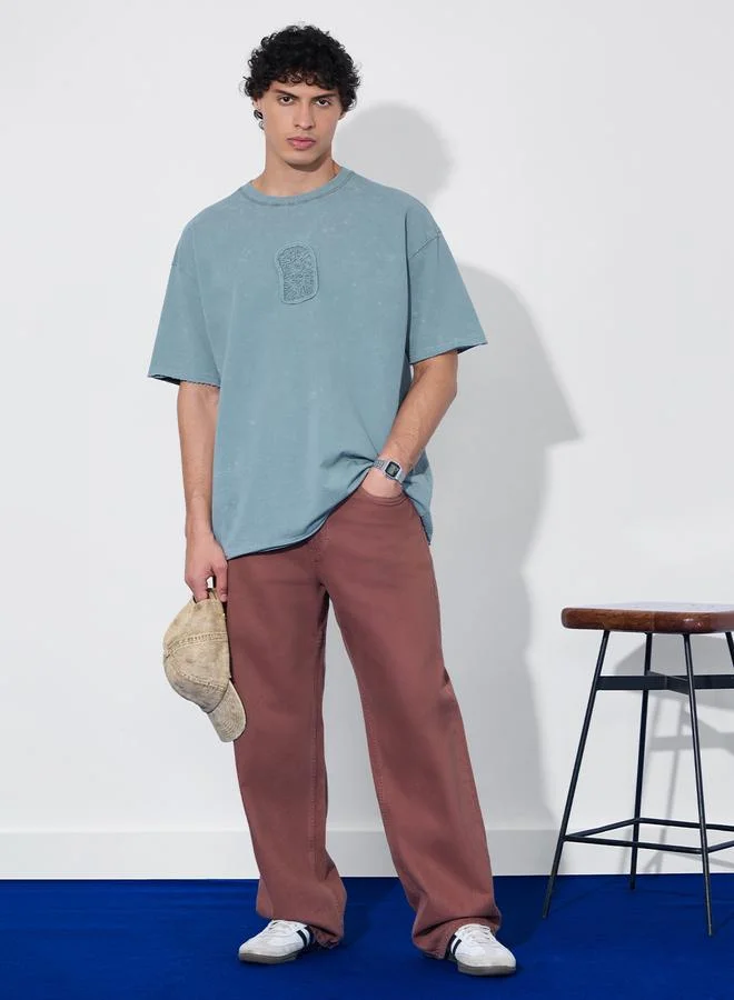 The Souled Store Men Blue Vintage Wash Oversized T-Shirt