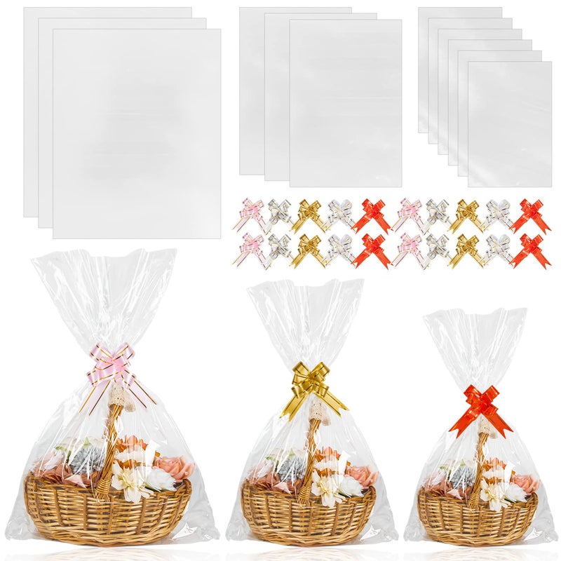 Labeol 50pcs Cellophane Bags 3 Sizes Cellophane Wrap for Gift Baskets 24x30 16x24 12x18 Large Clear Plastic Packaging Bags with 50 Pull Bows for Gift Wrapping - Image 1