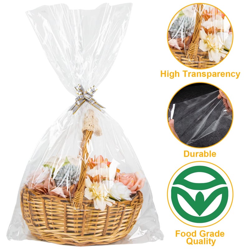 Labeol 50pcs Cellophane Bags 3 Sizes Cellophane Wrap for Gift Baskets 24x30 16x24 12x18 Large Clear Plastic Packaging Bags with 50 Pull Bows for Gift Wrapping - Image 5