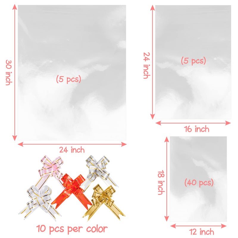 Labeol 50pcs Cellophane Bags 3 Sizes Cellophane Wrap for Gift Baskets 24x30 16x24 12x18 Large Clear Plastic Packaging Bags with 50 Pull Bows for Gift Wrapping - Image 4