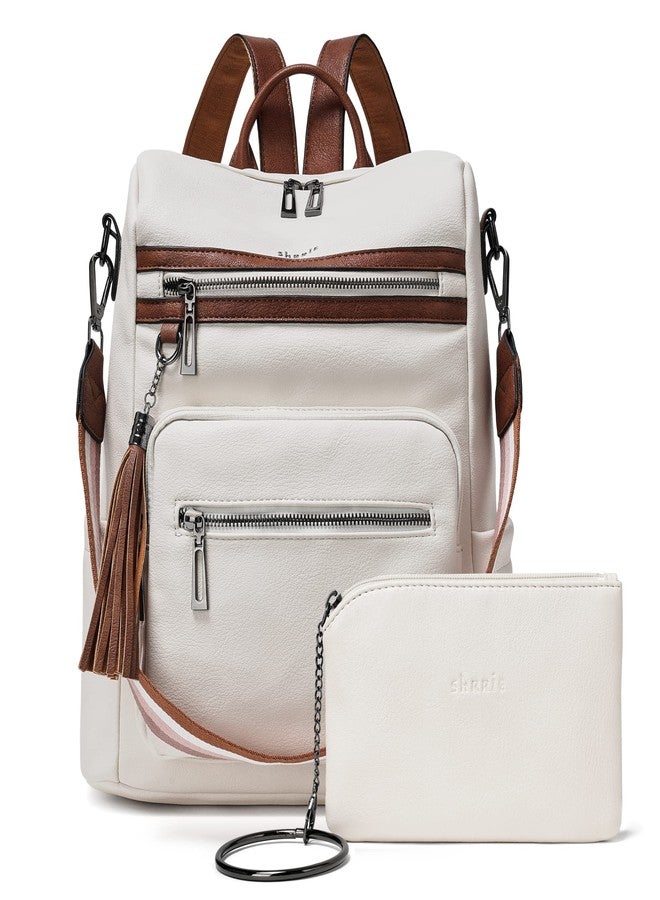 Shrrie Women's Backpack with Wallet, Stylish Backpack, PU Leather, Waterproof, Anti-Theft, Convertible Shoulder Bag for Travel, Work, School, University, Shopping, Beige with Brown, M - Image 1