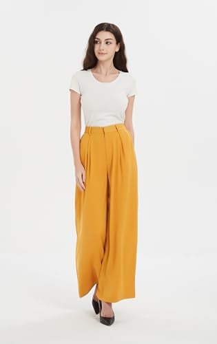 Tronjori Women High Waist Casual Wide Leg Long Palazzo Pants Trousers Regular Size(M, Mustard Yellow) - Image 4