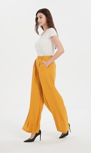Tronjori Women High Waist Casual Wide Leg Long Palazzo Pants Trousers Regular Size(M, Mustard Yellow) - Image 3
