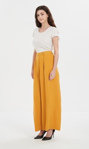 Tronjori Women High Waist Casual Wide Leg Long Palazzo Pants Trousers Regular Size(M, Mustard Yellow) - Image 2