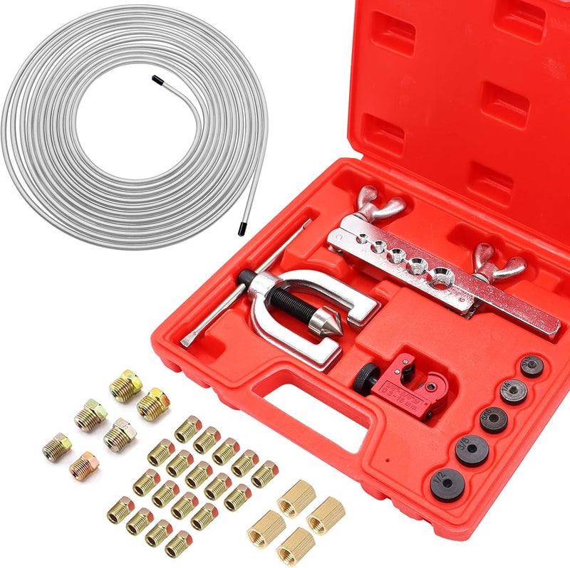 Eoppen 25 ft 3/16" Zinc Coated Alloy Brake Line Tubing Kit(Includes 24 Fittings and 4 Unions) with Double & Single Flaring Tool Kit - Image 1