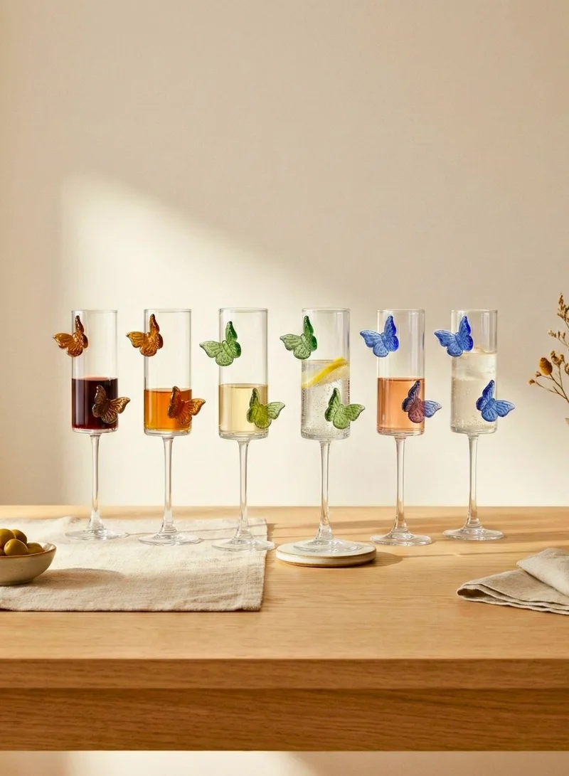 1 تشيس طقم كؤوس شمبانيا على شكل فراشة مكون من 6 قطع، سعة 180 مل، بتصميم فراشة من الياقوت والزمرد والعنبر، أوانٍ زجاجية أنيقة للشمبانيا والنبيذ الأحمر والأبيض