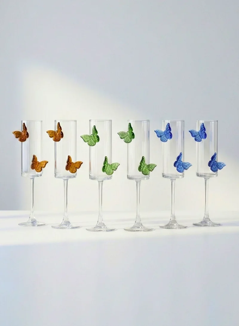 1 تشيس طقم كؤوس شمبانيا على شكل فراشة مكون من 6 قطع، سعة 180 مل، بتصميم فراشة من الياقوت والزمرد والعنبر، أوانٍ زجاجية أنيقة للشمبانيا والنبيذ الأحمر والأبيض