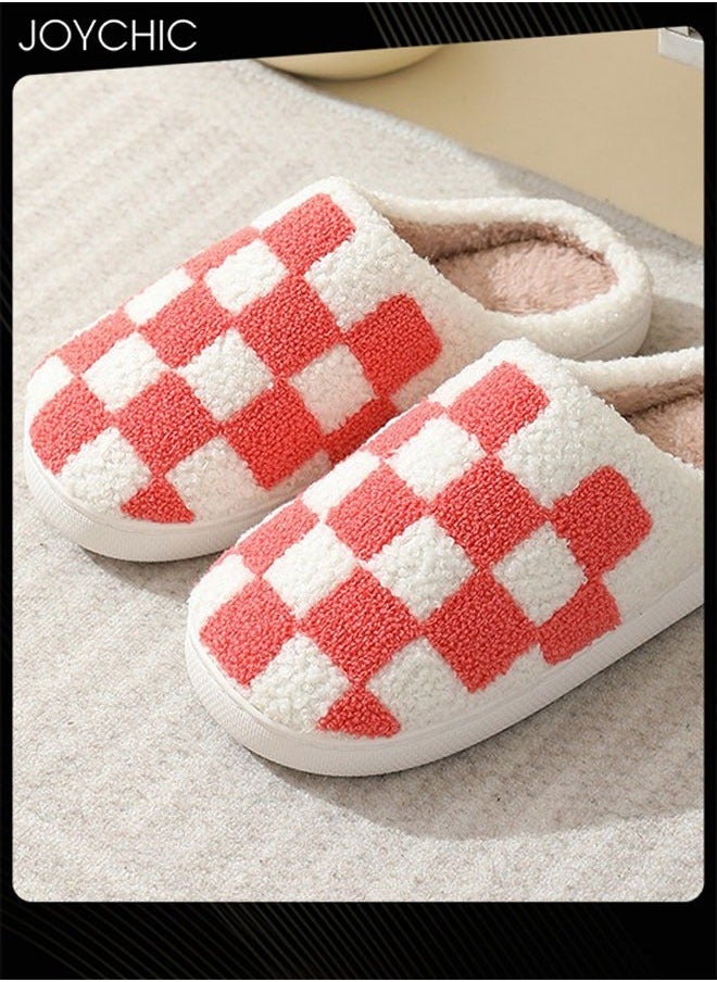 NIBEMINENT Checkerboard Lattice Design Bedroom Slippers for Women Men Couple Plush Fuzzy Cozy House Autumn and Winter Warm Indoor Outdoor Lightweight Soft Flat Slides White+Red  - Image 1