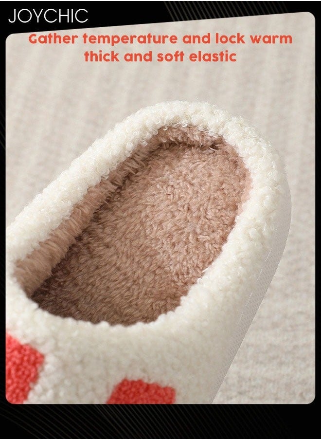 NIBEMINENT Checkerboard Lattice Design Bedroom Slippers for Women Men Couple Plush Fuzzy Cozy House Autumn and Winter Warm Indoor Outdoor Lightweight Soft Flat Slides White+Red  - Image 2