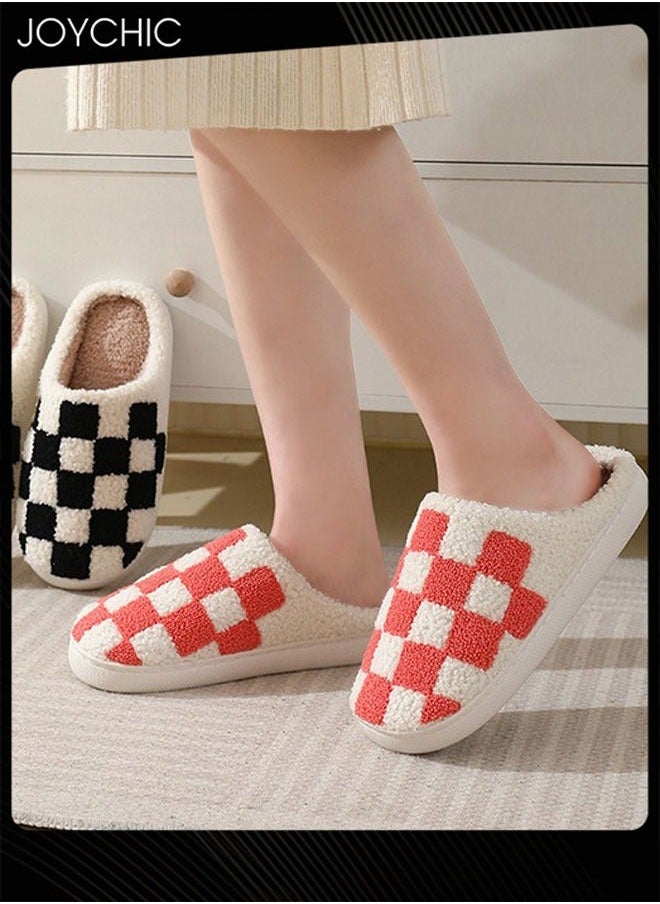 NIBEMINENT Checkerboard Lattice Design Bedroom Slippers for Women Men Couple Plush Fuzzy Cozy House Autumn and Winter Warm Indoor Outdoor Lightweight Soft Flat Slides White+Red  - Image 4