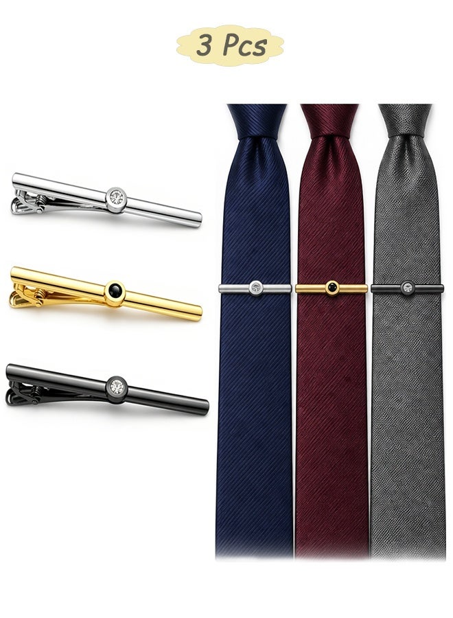 GD 3 Pcs Tie Tack Clips with with Rhinestones for Men - Simple Metal Tie Bar Necktie Tie Clip Bar for Wedding Anniversary Business and Daily Life - Image 1