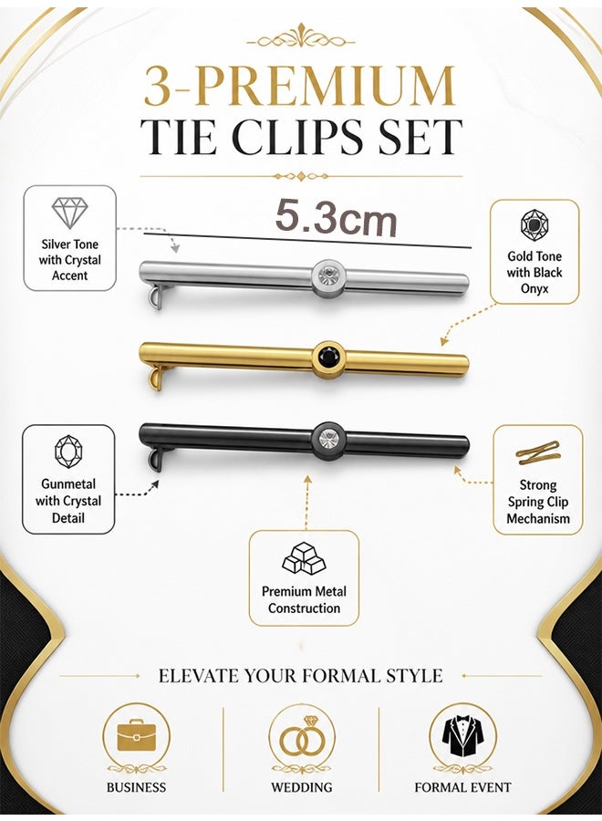 GD 3 Pcs Tie Tack Clips with with Rhinestones for Men - Simple Metal Tie Bar Necktie Tie Clip Bar for Wedding Anniversary Business and Daily Life - Image 2