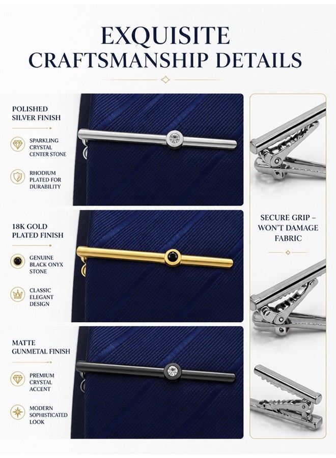 GD 3 Pcs Tie Tack Clips with with Rhinestones for Men - Simple Metal Tie Bar Necktie Tie Clip Bar for Wedding Anniversary Business and Daily Life - Image 3