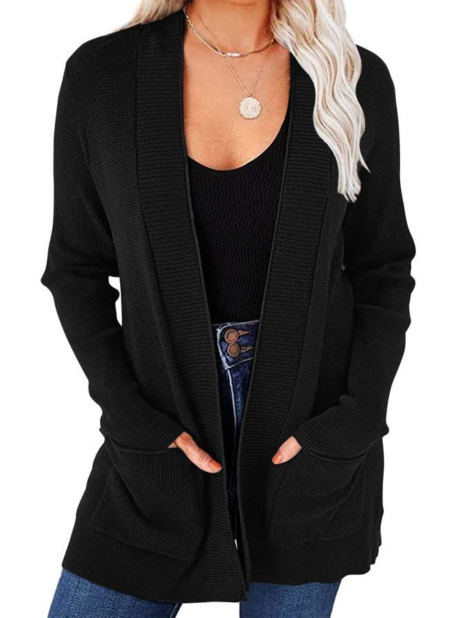 MEROKEETY Women's Open Front Waffle Knit Cardigan Long Sleeve Cozy Knit Sweaters with Pockets, Black, M - Image 1