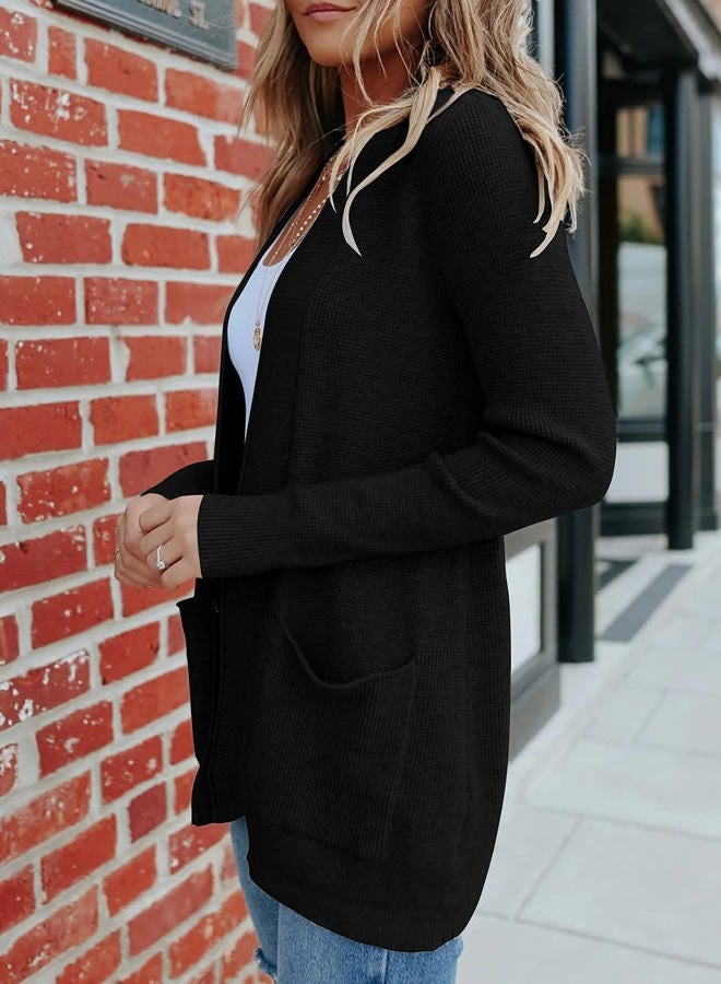MEROKEETY Women's Open Front Waffle Knit Cardigan Long Sleeve Cozy Knit Sweaters with Pockets, Black, M - Image 3