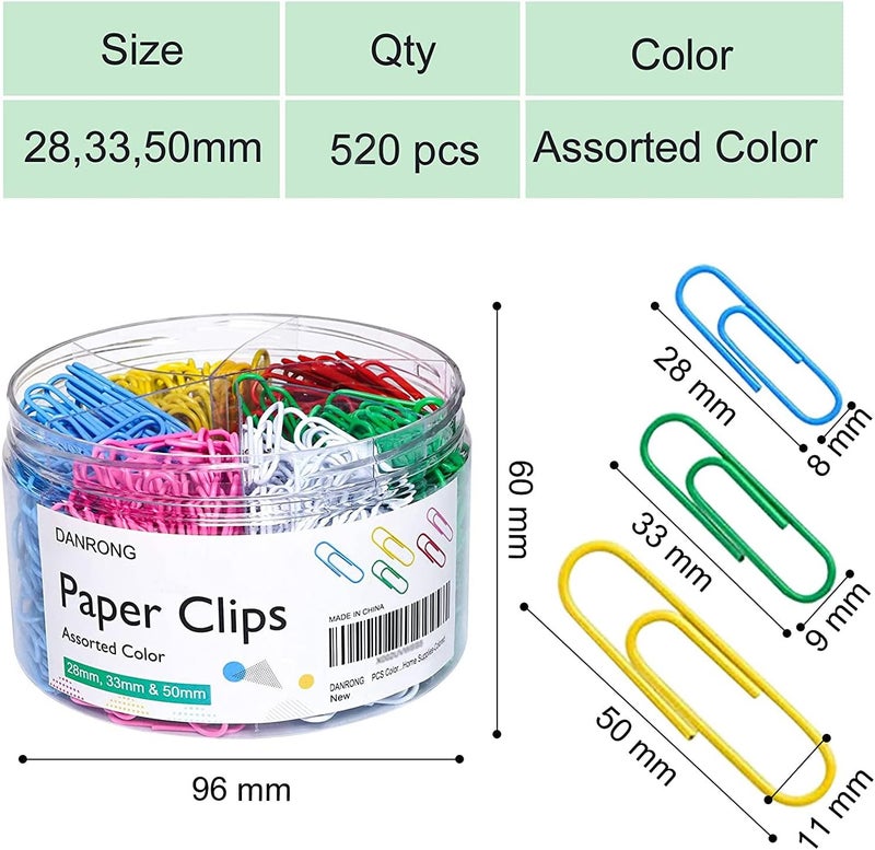 DANRONG 520 PCS Colored Paper Clips Assorted Sizes, Small Medium and Large (1.1", 1.3" & 2"), Colorful Paperclips for Office, School, Home Supplies-Colored - Image 2