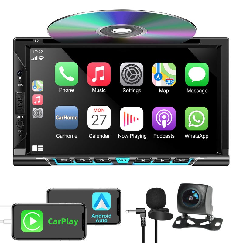 WOWiViD Double Din Car Stereo with CarplayAndroid Auto7 Inch HD Touchscreen Car Radio Support CD DVD PlayerBluetoothBackup CameraMirror LinkSWCSubwooferUSBTFAUX Input AMFM Car Stereo Receiver - Image 2