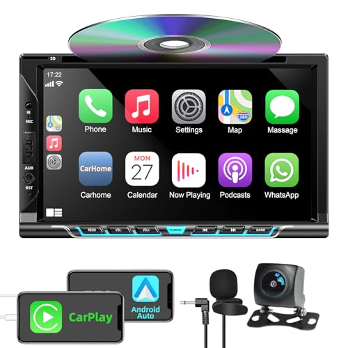 WOWiViD Double Din Car Stereo with CarplayAndroid Auto7 Inch HD Touchscreen Car Radio Support CD DVD PlayerBluetoothBackup CameraMirror LinkSWCSubwooferUSBTFAUX Input AMFM Car Stereo Receiver - Image 1