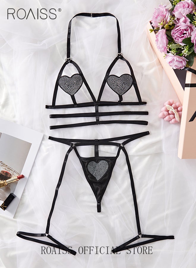 roaiss Three Point Heart Shaped Underwear Suit for Women Halterneck Design Hollow Separate Lingerie Set Bikini Loungewear Cosplay Costumes Sweet Clothing - Image 1