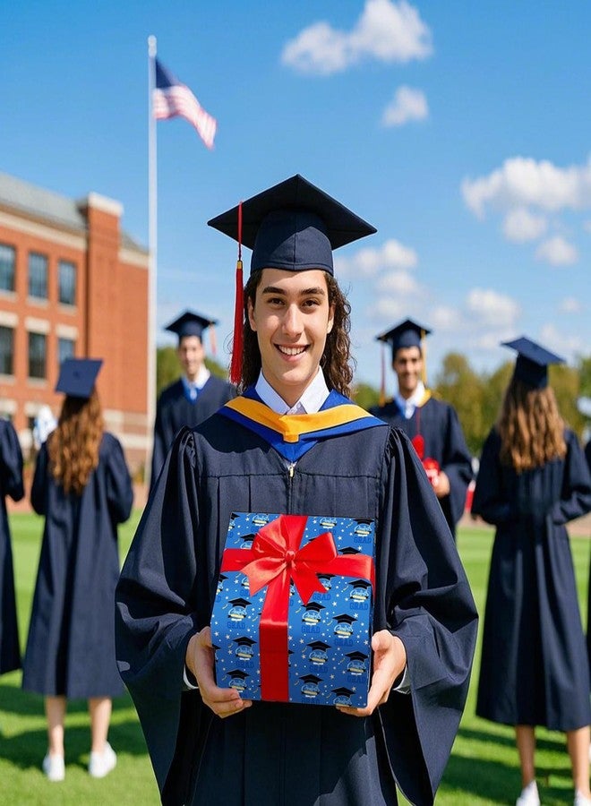 ورق تغليف هدايا التخرج من كويتبان - ورق تغليف هدايا لحفلات التخرج من الثانوية والجامعة لعام 2025، قبعات سوداء، خطوط زرقاء، إكليل غار، تصاميم ميداليات، مثالي لهدايا الحفلات - 8 أوراق، 20 × 29 بوصة - Image 2