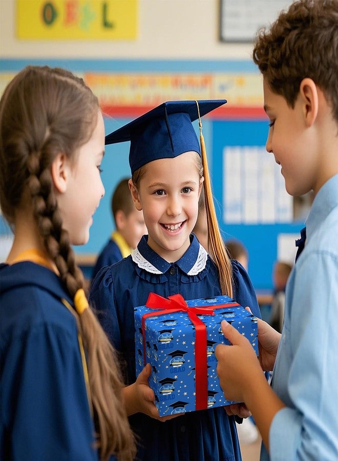 ورق تغليف هدايا التخرج من كويتبان - ورق تغليف هدايا لحفلات التخرج من الثانوية والجامعة لعام 2025، قبعات سوداء، خطوط زرقاء، إكليل غار، تصاميم ميداليات، مثالي لهدايا الحفلات - 8 أوراق، 20 × 29 بوصة - Image 4