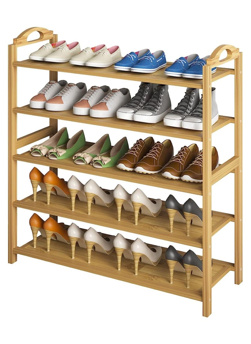 Arabest 5-Tier Natural Bamboo Shoe Rack, Shoe Shelf with Portable Handle Space Saving, Free Standing Wooden Shoe Rack Storage Organizer for Hallway Entryway Living Room Bedroom  - Image 1