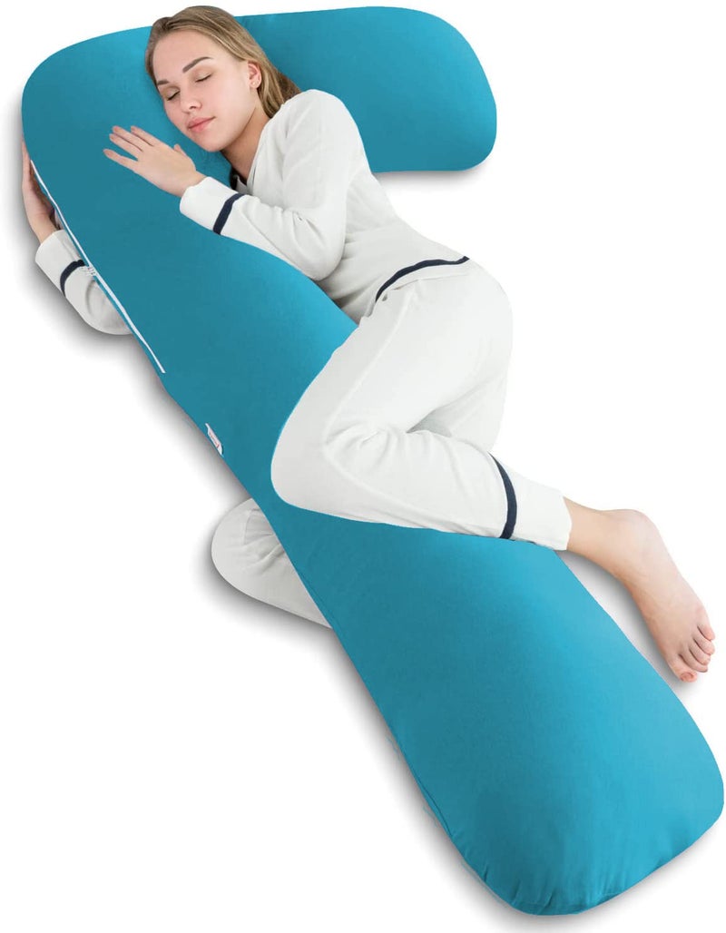 Texlux Pregnancy Body Pillow with Zippered Cover, L Shaped Full Body Pillow for Pregnant Women-Tourquise Blue - Image 1