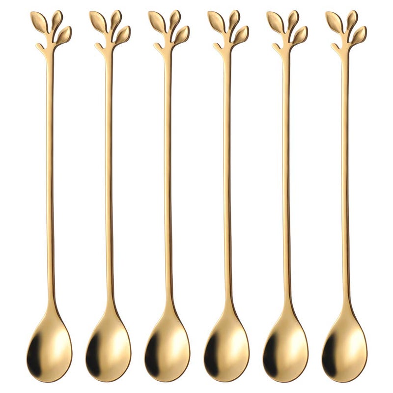 AnSaw 6Piece Elegant Gold Leaf Long Handle Teaspoons  74 Stainless Steel Stir Spoons for Coffee  Tea Perfect for Mixing  Stirring