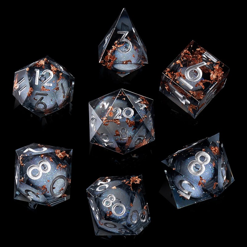 Role dice مجموعة نرد سائلة النواة 7 قطع حواف حادة لألعاب الأدوار زنزانات وتنانين Ttrpg مع صندوق هدايا نرد ريزن يدوي الصنع أسود ذهبي - Image 3