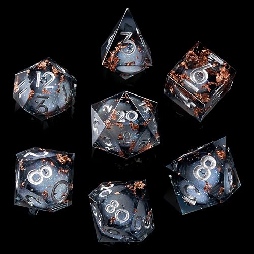 Role dice مجموعة نرد سائلة النواة 7 قطع حواف حادة لألعاب الأدوار زنزانات وتنانين Ttrpg مع صندوق هدايا نرد ريزن يدوي الصنع أسود ذهبي - Image 1