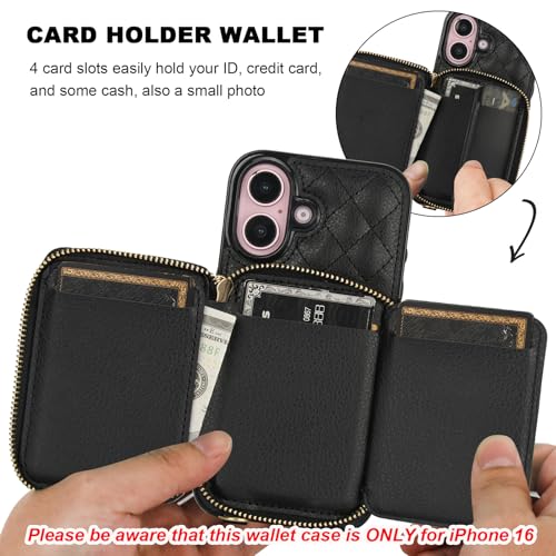 Bocasal Crossbody Wallet Case for iPhone 16, RFID Blocking PU Leather Zipper Handbag Purse Flip Cover, Kickstand Folio Case with Card Slots Holder Wrist Strap Lanyard 5G 6.1 Inch (Black) - Image 4
