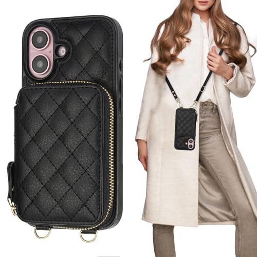 Bocasal Crossbody Wallet Case for iPhone 16, RFID Blocking PU Leather Zipper Handbag Purse Flip Cover, Kickstand Folio Case with Card Slots Holder Wrist Strap Lanyard 5G 6.1 Inch (Black) - Image 1