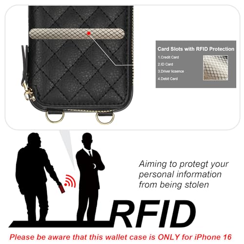 Bocasal Crossbody Wallet Case for iPhone 16, RFID Blocking PU Leather Zipper Handbag Purse Flip Cover, Kickstand Folio Case with Card Slots Holder Wrist Strap Lanyard 5G 6.1 Inch (Black) - Image 3