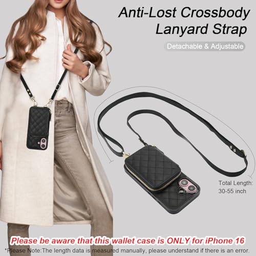 Bocasal Crossbody Wallet Case for iPhone 16, RFID Blocking PU Leather Zipper Handbag Purse Flip Cover, Kickstand Folio Case with Card Slots Holder Wrist Strap Lanyard 5G 6.1 Inch (Black) - Image 5