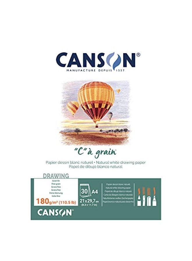 CANSON Canson C  Grain A4 180g White Drawing & Sketching Paper Pad, 30 Sheets, Fine Grain Texture, Glued on Short Side, Ideal for Professional Artists - Image 1