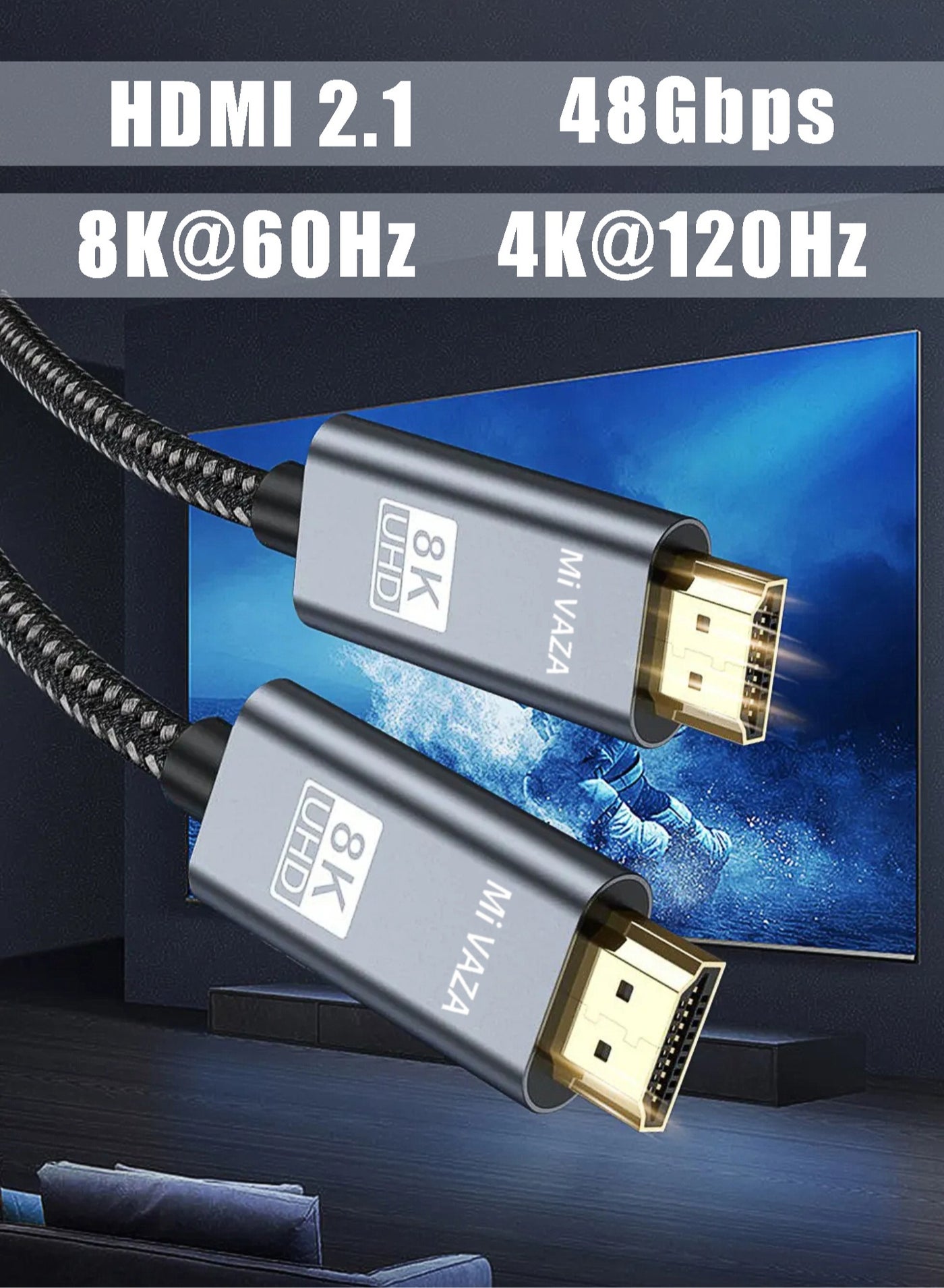Mi VAZA 8K HDMI 2.1 Cable - Support 8K@60Hz, 4K@120Hz, 2K@240Hz, 1080P@240Hz, 48Gbps, 3D, HDR, HDCP, eARC, Dolby - Ultra High Speed HDMI Cord for Laptop, Computer, Monitor, Projectors, TV, PS4, PS5, Xbox, Switch, HDTV