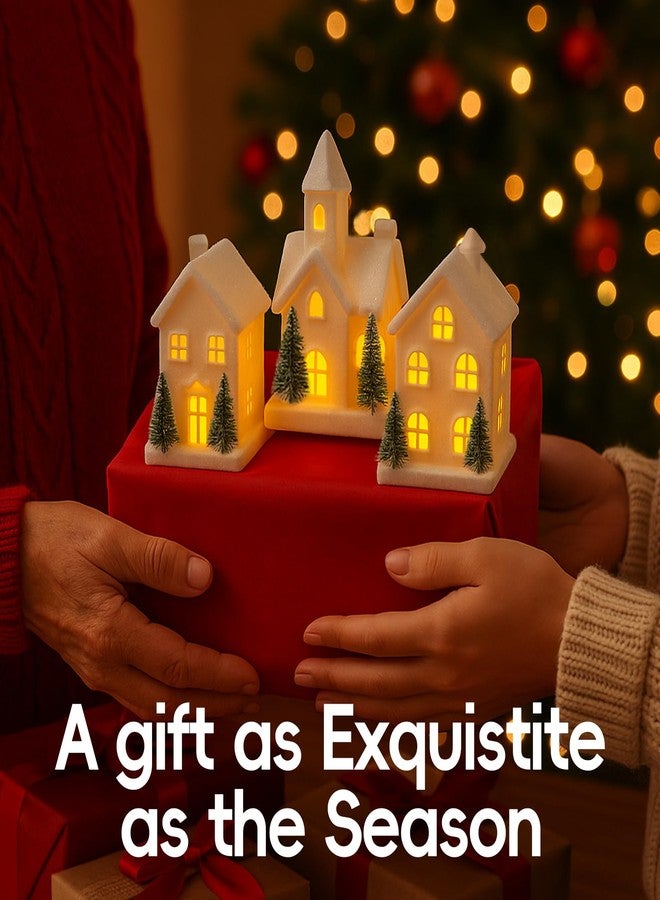 CHUANGLI Christmas Decorations - Indoor Christmas Village Set of 3 Lighted Ceramic Houses with Trees - White Xmas Holiday Farmhouse Rustic Decor for Home Table Room - Image 5