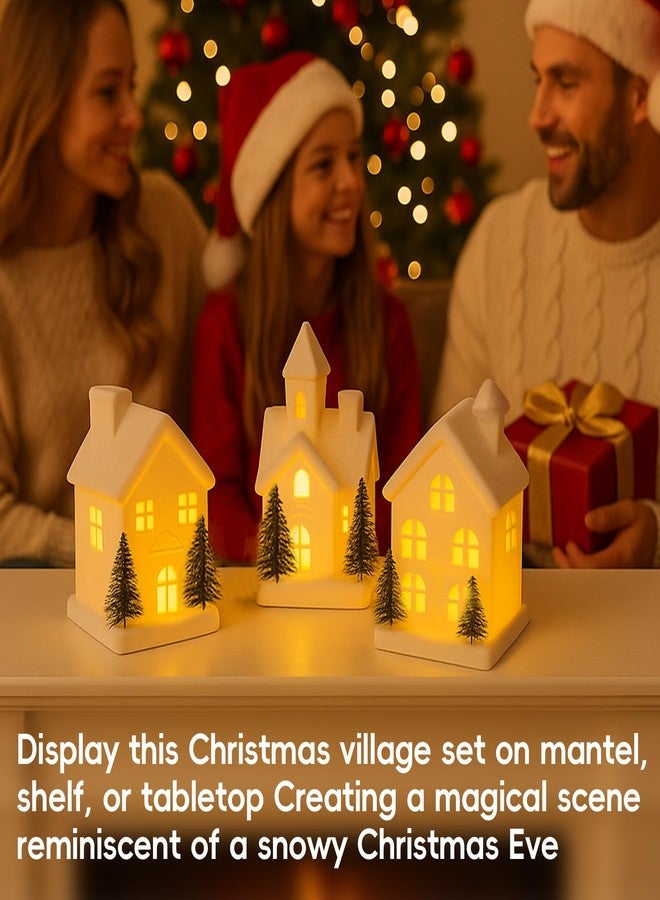 CHUANGLI Christmas Decorations - Indoor Christmas Village Set of 3 Lighted Ceramic Houses with Trees - White Xmas Holiday Farmhouse Rustic Decor for Home Table Room - Image 2
