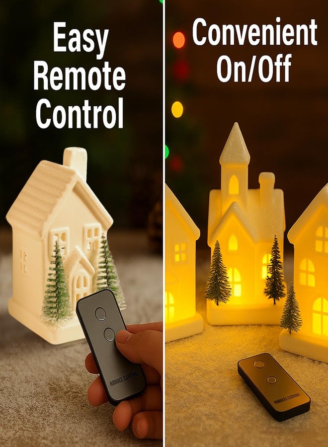 CHUANGLI Christmas Decorations - Indoor Christmas Village Set of 3 Lighted Ceramic Houses with Trees - White Xmas Holiday Farmhouse Rustic Decor for Home Table Room - Image 3