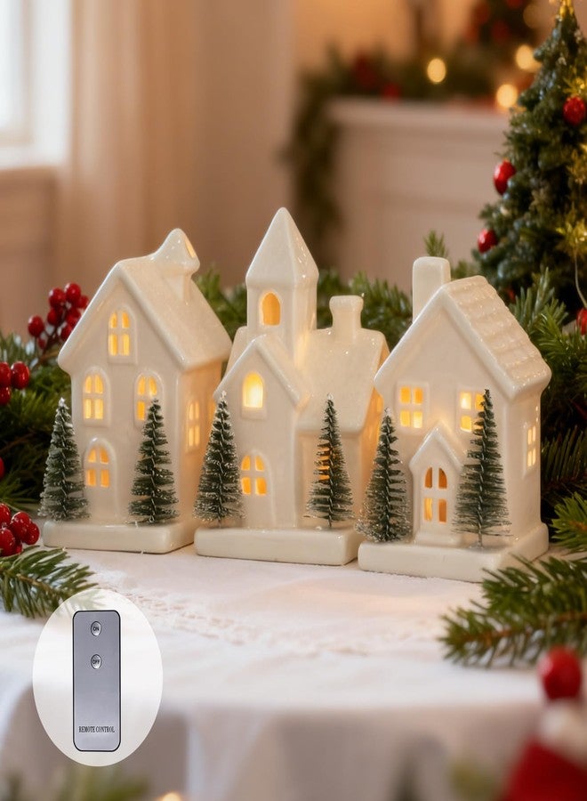 CHUANGLI Christmas Decorations - Indoor Christmas Village Set of 3 Lighted Ceramic Houses with Trees - White Xmas Holiday Farmhouse Rustic Decor for Home Table Room - Image 1