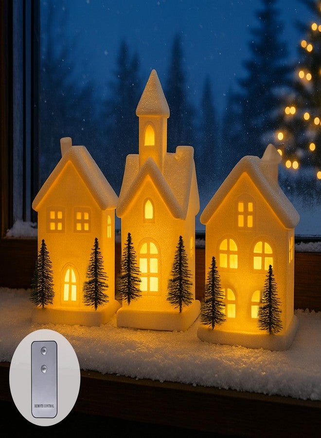 CHUANGLI Christmas Decorations - Indoor Christmas Village Set of 3 Lighted Ceramic Houses with Trees - White Xmas Holiday Farmhouse Rustic Decor for Home Table Room - Image 4